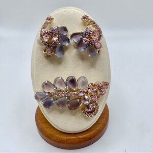 Juliana Lavender Frosted Glass Moonglow Brooch Earrings Set Rhinestone Floral